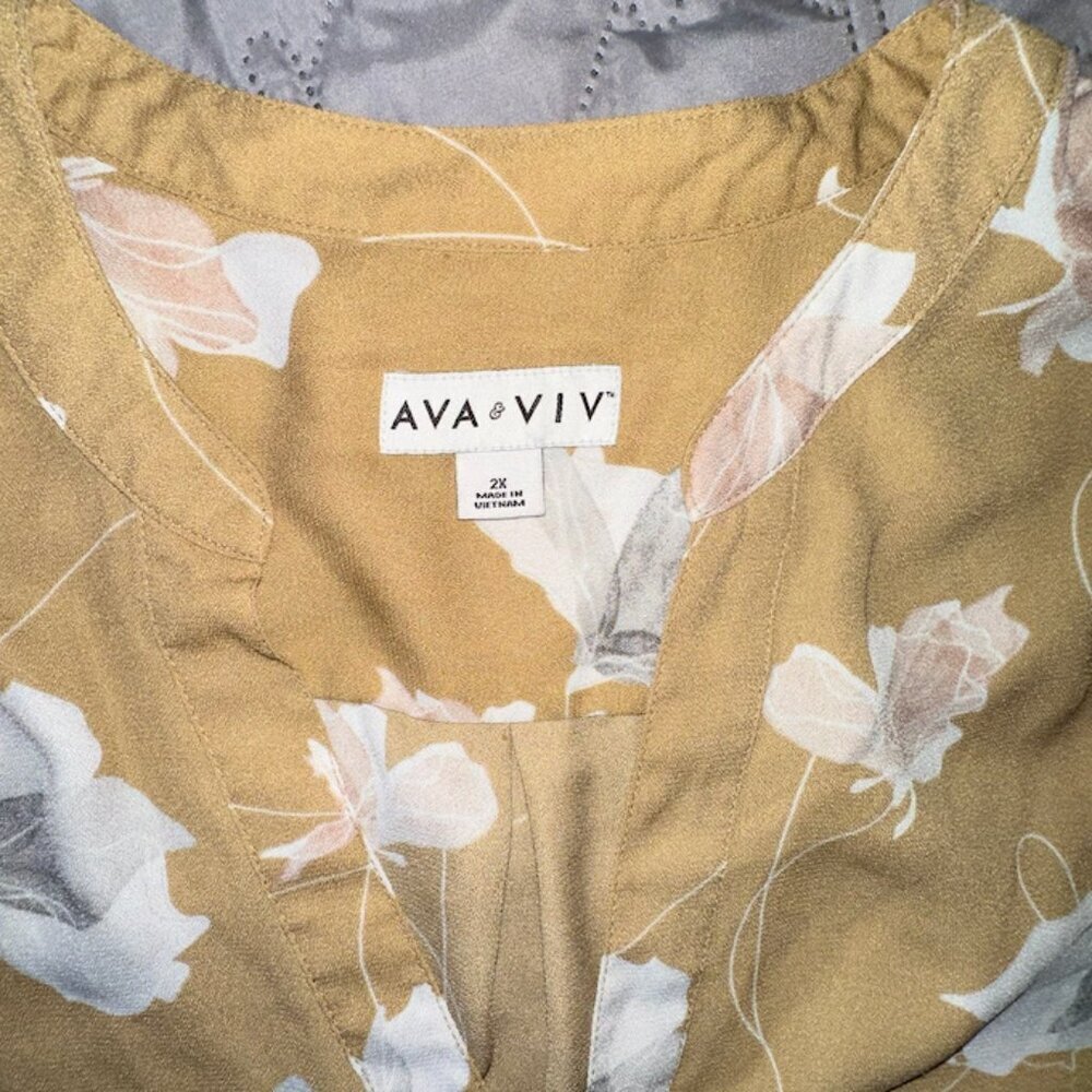 Mustard Yellow Ava & Viv 2x Women's Long Sleeve V Neck Blouse - Picture 2 of 8